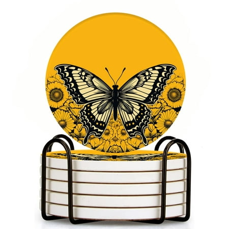 

Bahomeck Drink Coasters Set Of 6 With Holder Yellow Butterfly With Flowers Water Absorbent Ceramic Coasters Tabletop Protection Suitable For Various Cup Home Decor