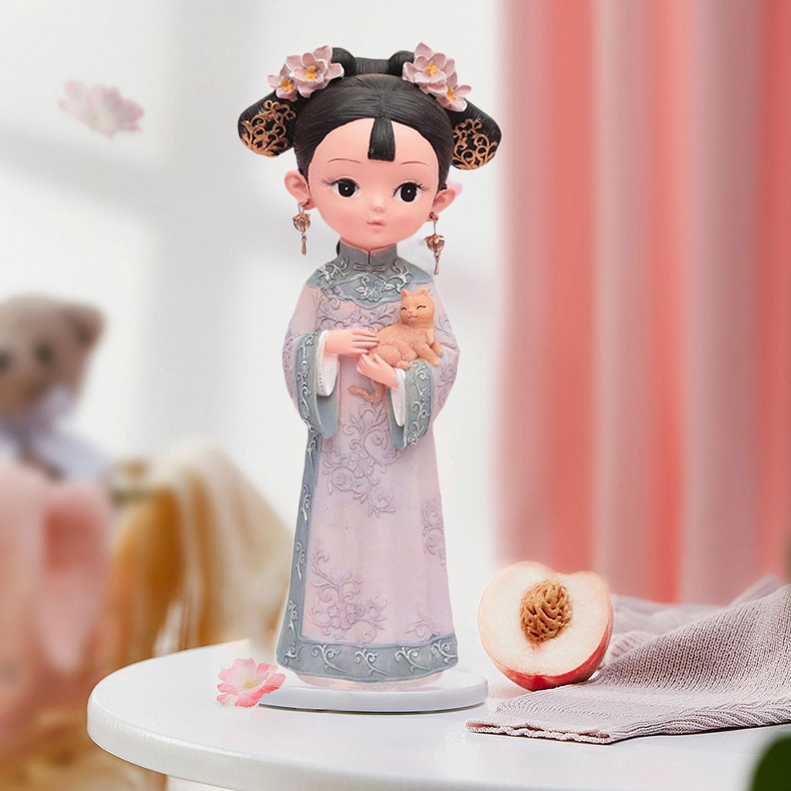 WLPZXP Girl Resin Statue Desktop Doll Toy Hanfu Dress Decoraitve Miniature Figurine for 12x8x22cm Cat