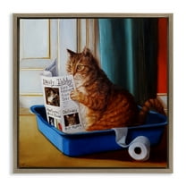 Stupell Industries Litter Box Reading Funny Cat Animals & Insects Painting Brown Floater Framed Canvas Art Print Wall Art, 25 x 25