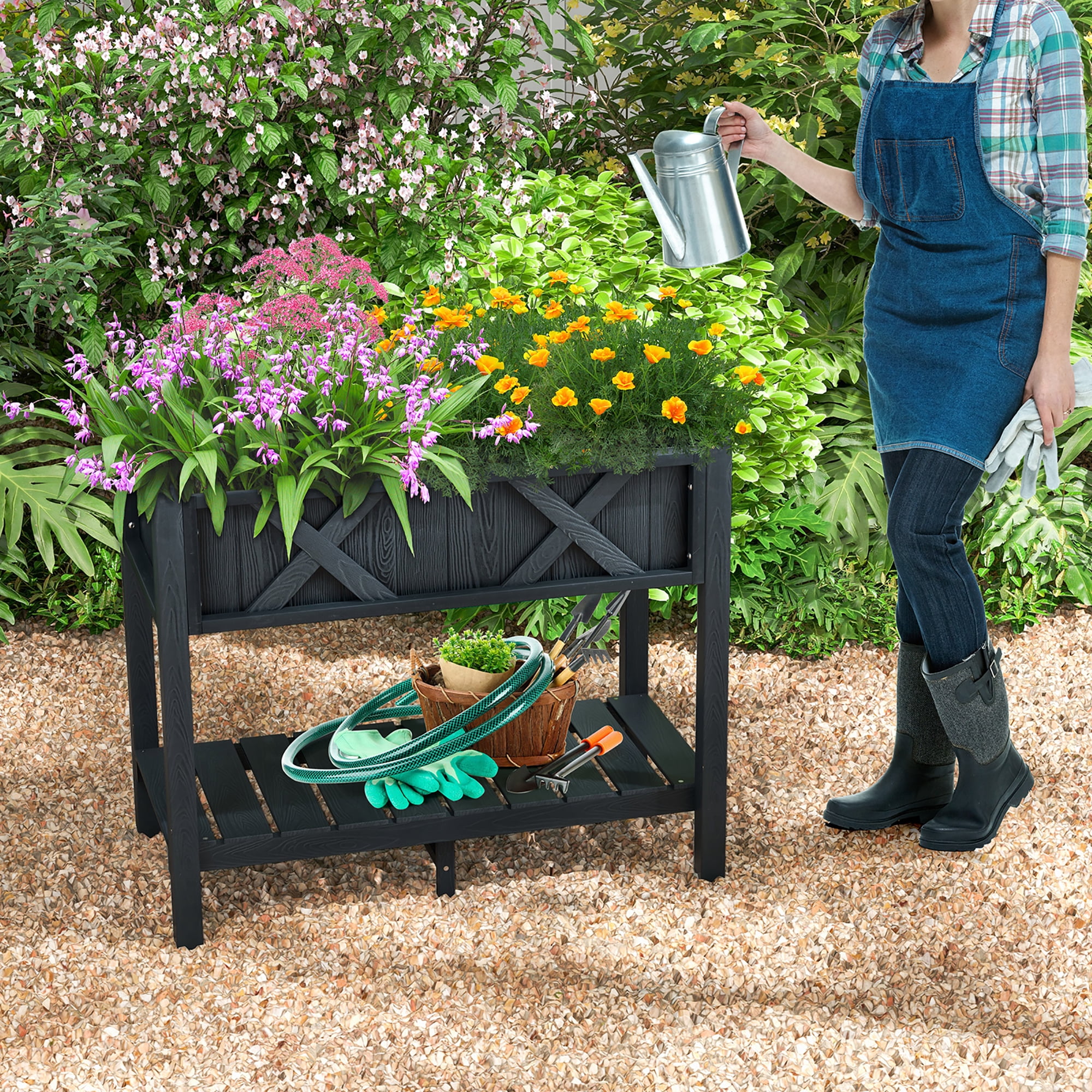 Gymax HIPS Raised Garden Bed Poly Wood Elevated Planter Box w/ Legs & Storage Shelf Black
