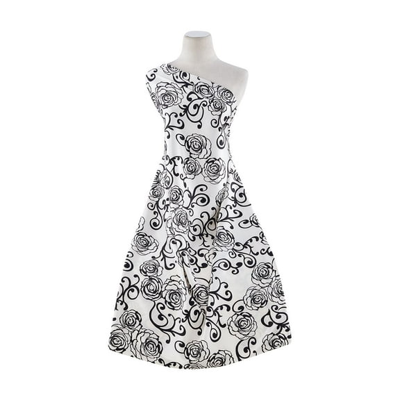 Zelouf Cinderella Rose & Scroll Print On Stretch Satin  , Sewing, DIY, Crafts Fabric by the Yard, White/black, 3 Yard