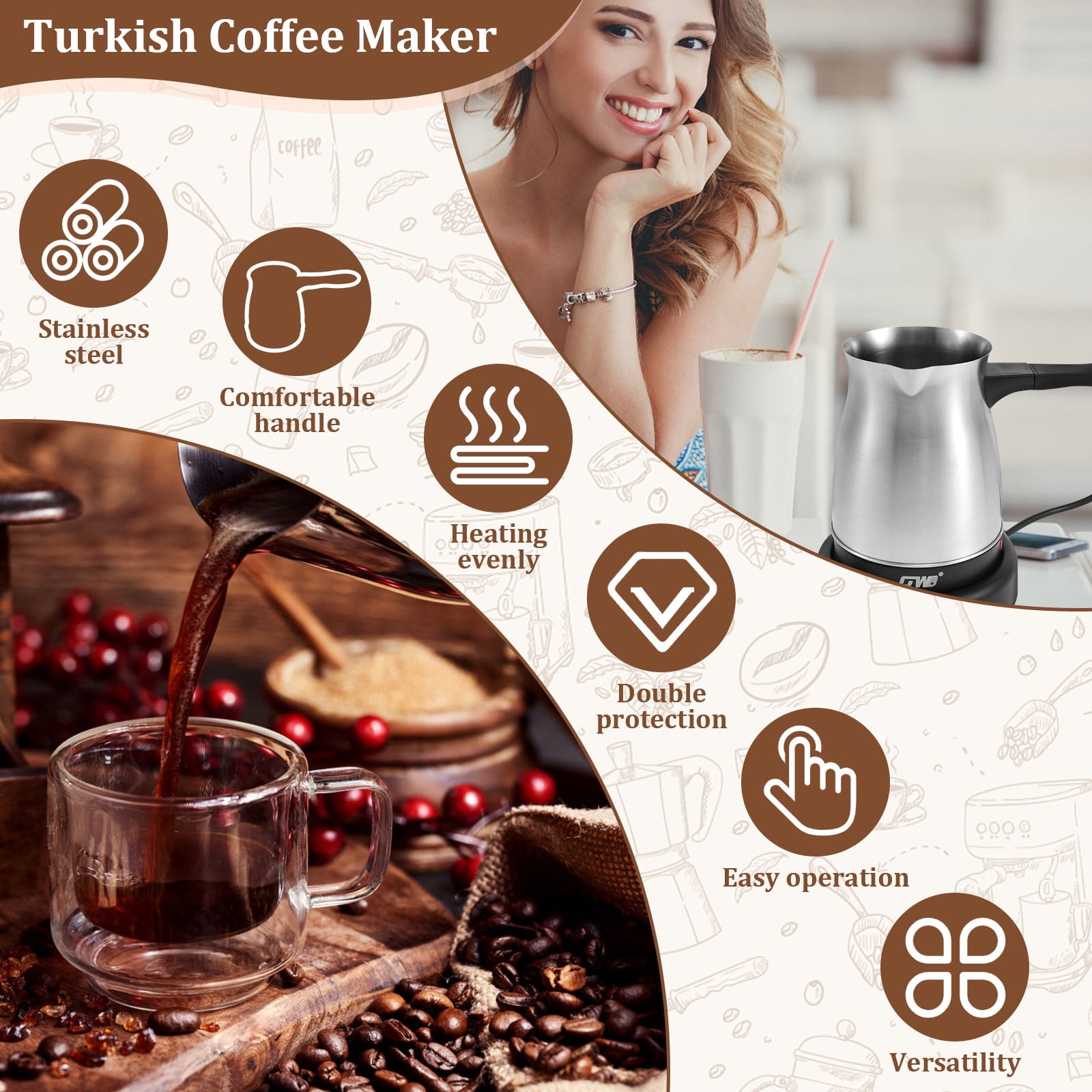 Turkish Coffee Maker 600ml Stainless Steel Electric Turkish Coffee Machine 5 to 6 Cups Capacity Turkish Coffee Machine with Ergonomic Handle Enduring 110V Turkish Coffee Maker for Home Travel
