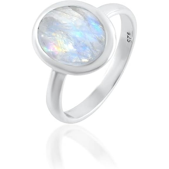 Sechi Natural Rainbow Moonstone Ring, 925 Sterling Silver, Oval Gemstone, Birthstone Jewelry, Size-5