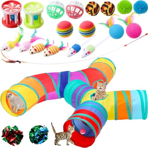 22pcs Cat Kitten Toys Set with 2 Collapsible Cat Tunnel and 20 Interactive Kitty Feather Toy,Fluffy Mouse,Crinkle Balls,for Kitten Puppy(Multicolor)