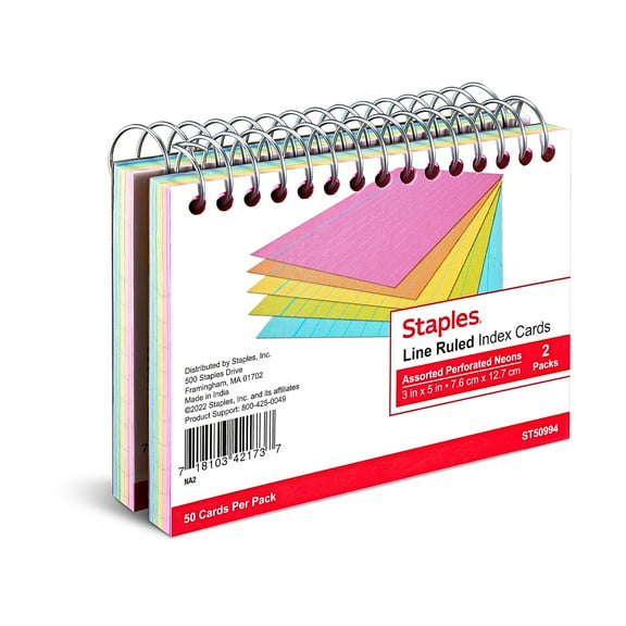 Staples 3" x 5" Index Cards Lined Neon 6/Carton ST50994-CCVS