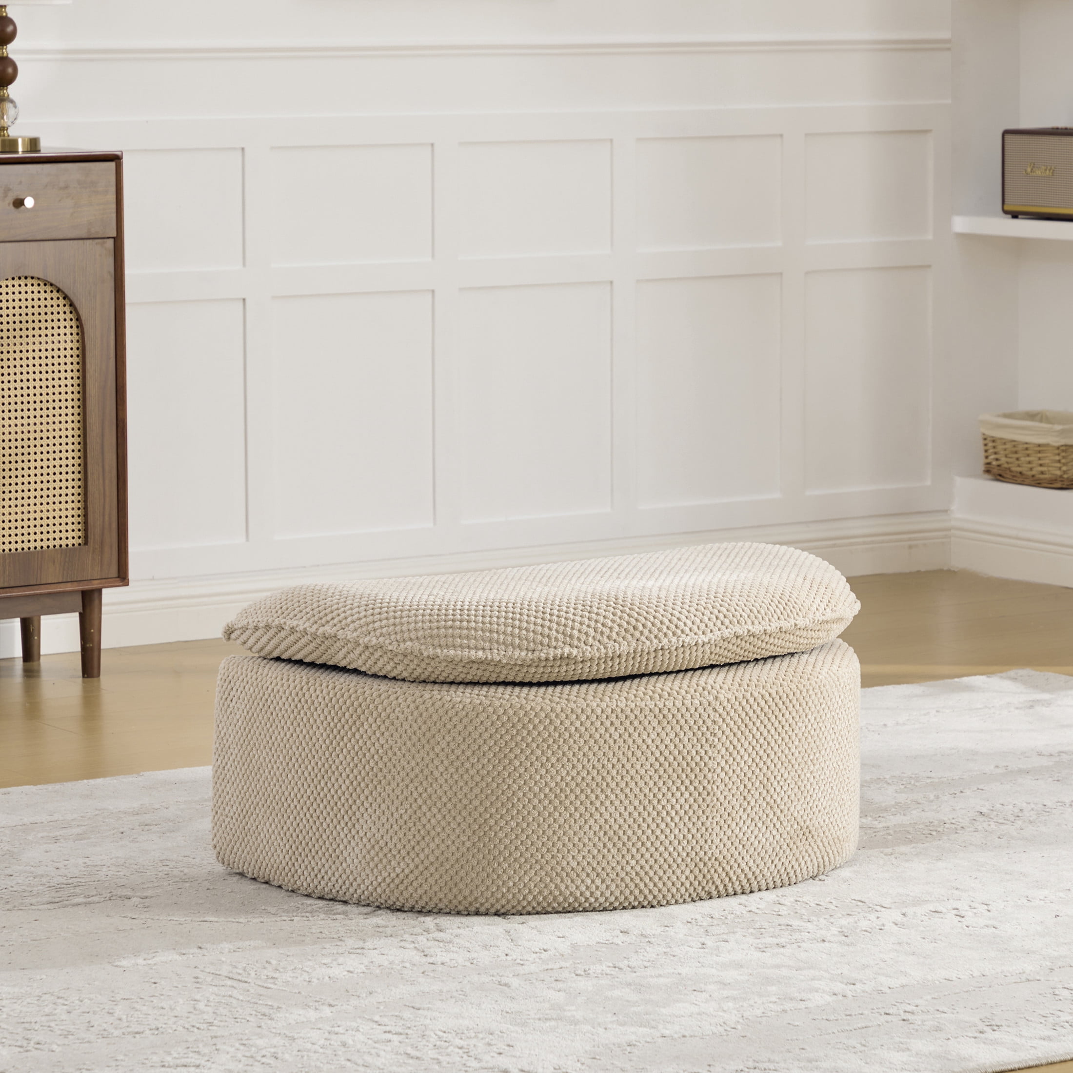 GDF Studio 34.45-Inch Moon-Shaped Footstool Ottoman with Pineapple Lattice Fabric, Taupe