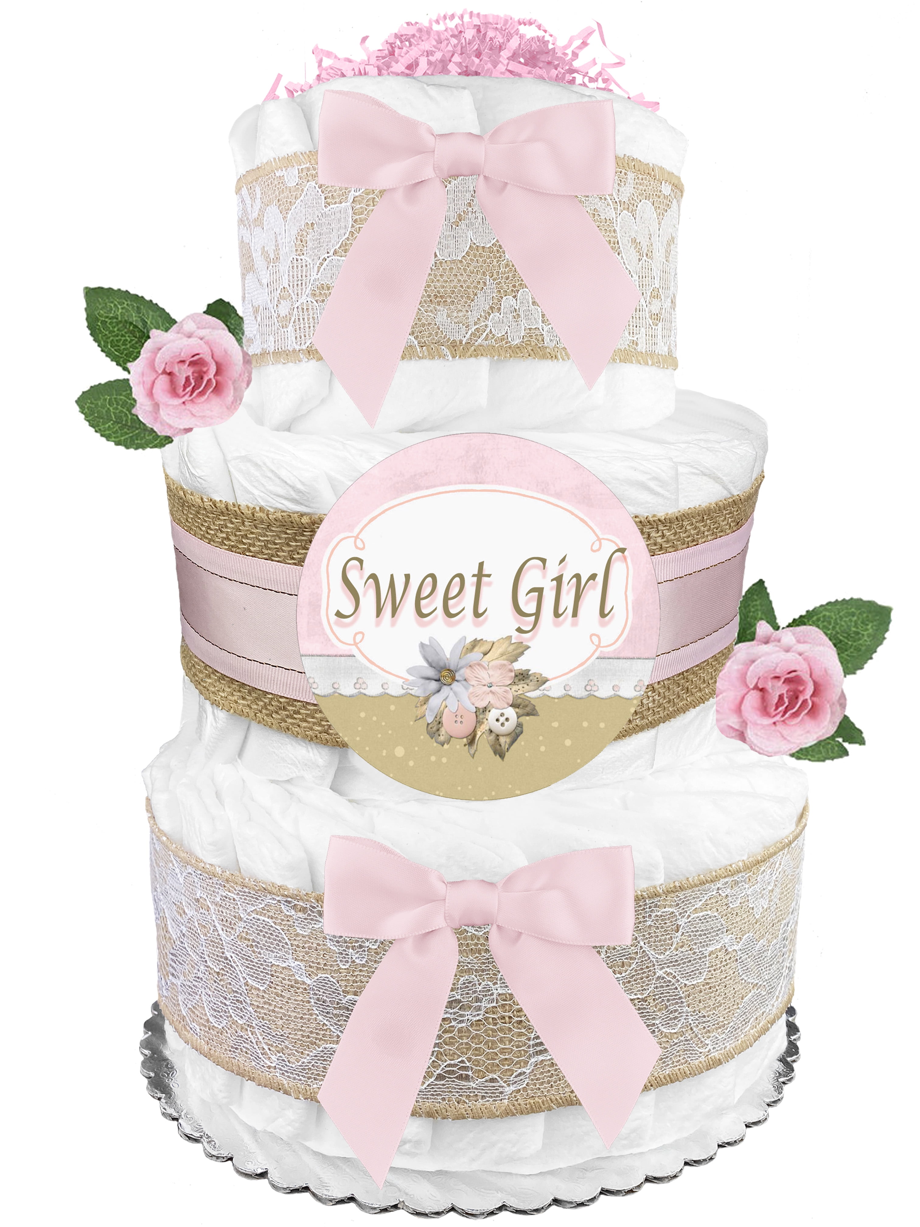 Girl Baby Shower Centerpiece 3 Tier Diaper Cake Pink Silver/White Chevron 
