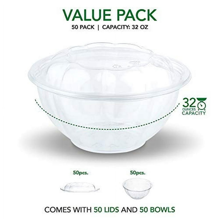Decony Plastic Salad Bowls togo with Airtight Lids [plus 2 oz. Sauce cups  and Cutlery Kit ] , 32 Oz. - 25 sets