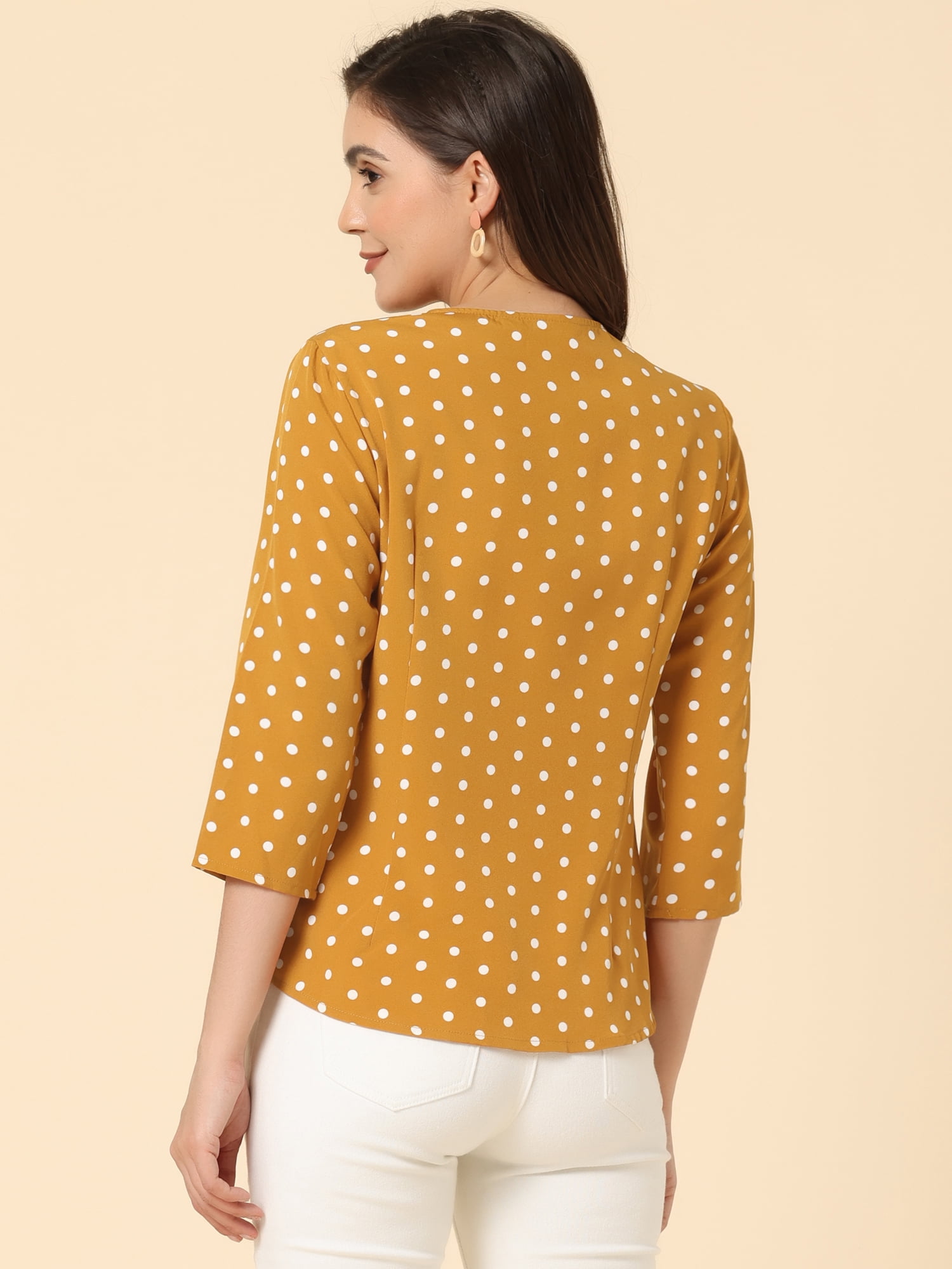 DARING DIVA Women's V Neck Polka Dots 3/4 Sleeve Casual Button Blouse M Yellow