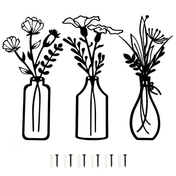 3 PCS Metal Flowers Wall Arts,Black Metal Vase Wall Art,Rustic Farmhouse Decor (Black)