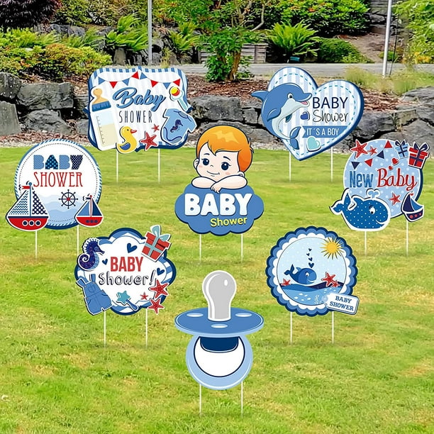 8 Pieces Baby Shower Yard Sign Lawn Decoration Ocean Themed Birthday Party  Decor Outdoor Waterproof Garden Sign Corrugated Plastic Stakes for Newborn  Baby Boy Home Garden Decor 
