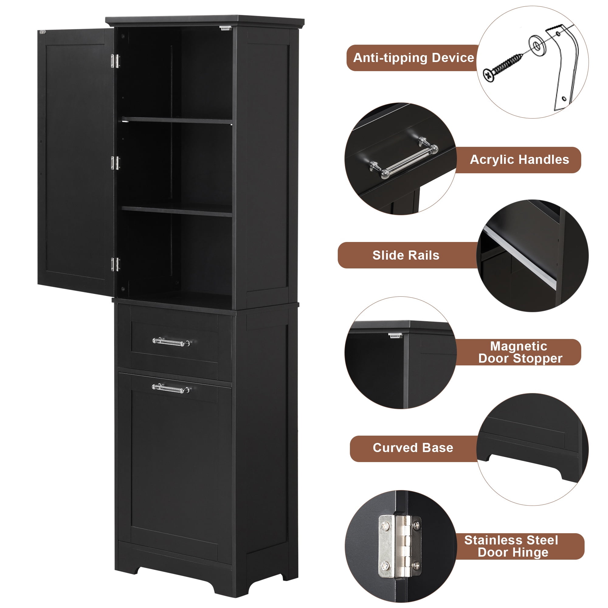 Bellemave 68.1”H Tall Bathroom Storage Cabinet Freestanding Storage Cabinet with 2 Different Size Drawers and 1 Door Wooden Floor Cabinet with Adjustable Shelves for Home, Kitchen, Black