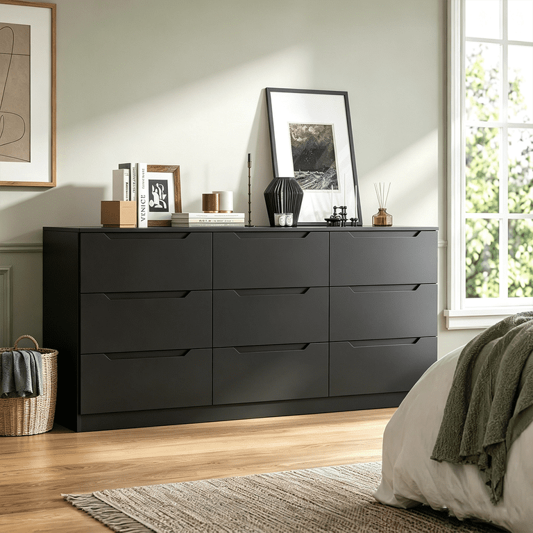 9 drawer dresser black Winkalon Double for Bedroom, Modern Wood Chest of Drawers with Large Storage, Black, 61.4