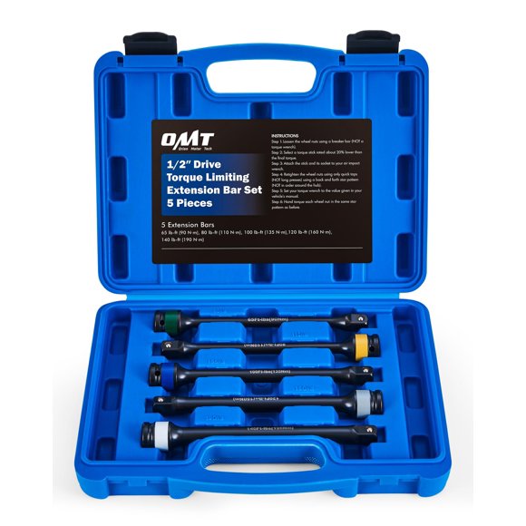 Orion Motor Tech Torque Extension, 5pcs 1/2" Drive Torque Limiting Extension Bar Set, 8 Inch Color Coded Laser Etched Torque Sticks 65-140