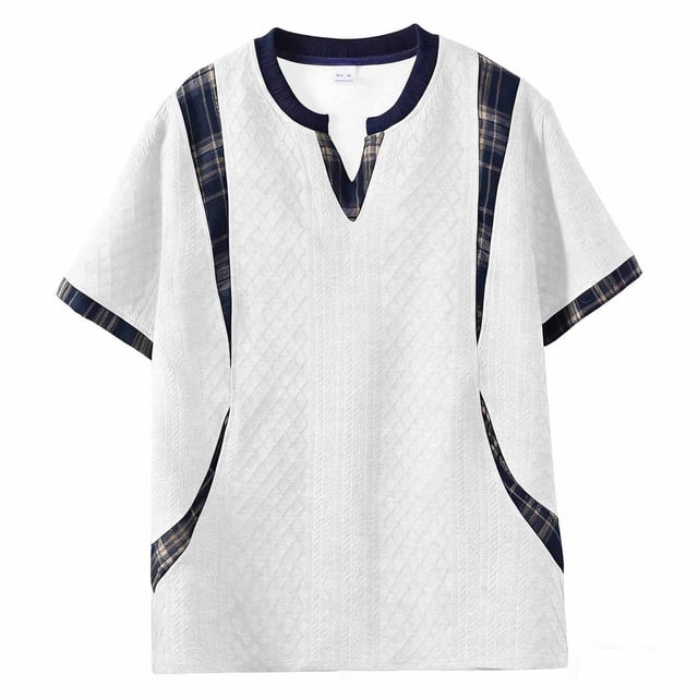 Blusas y camisas de manga corta con cuello en V para hombre, top de verano de manga corta con cuello en V y empalme a cuadros, top/camisa de manga corta con cuello en V para hombre, tops para hombre
