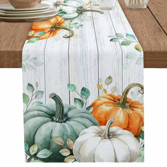 Green Pumpkin Table Runner 90 Inches Long for Dining Table Decor,Thanksgiving Eucalyptus Leaves Wood Grain Burlap Linen Farmhouse Table Runner Coffee Table Runners Dresser for Kitchen Party Holiday