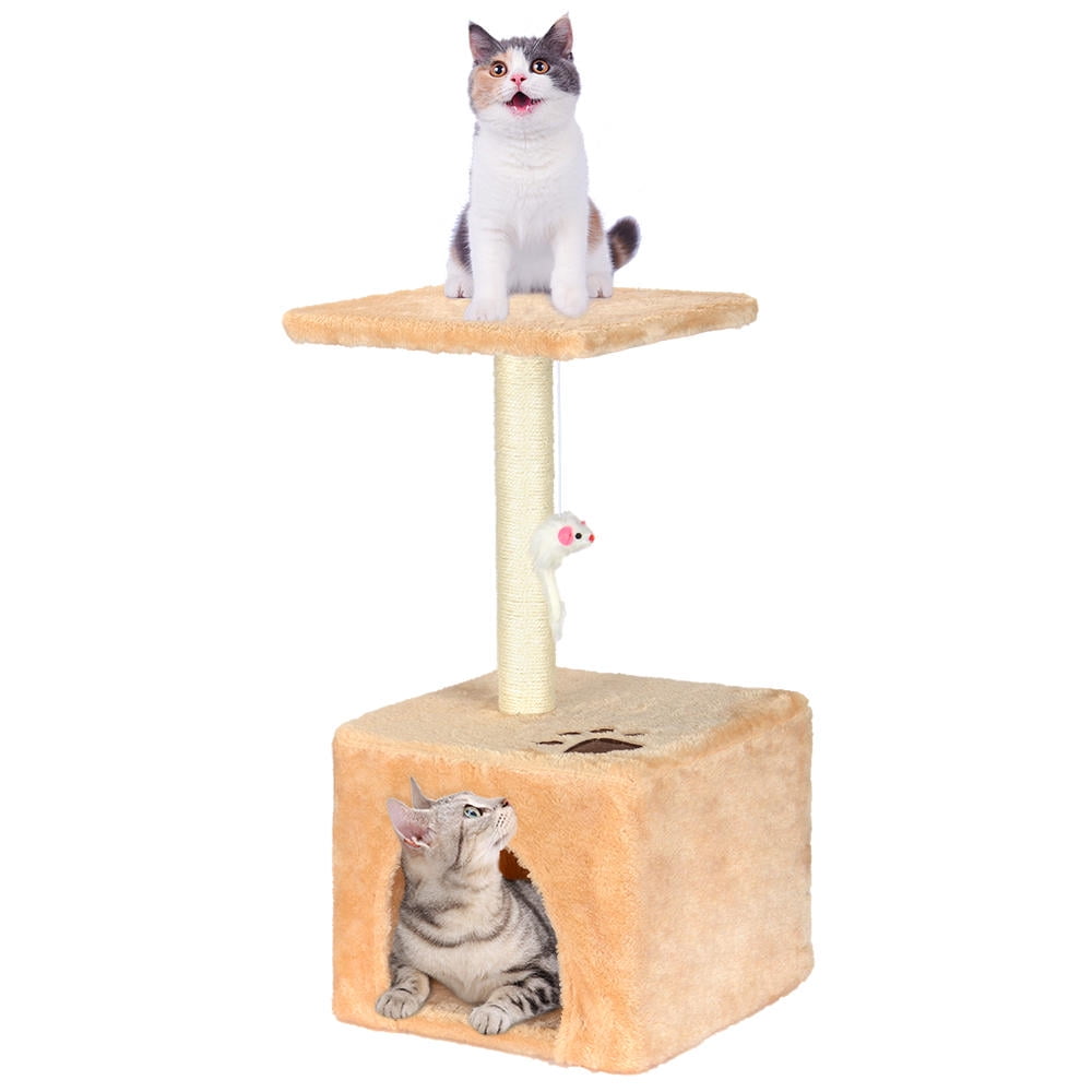 Beige Kitten Scratching Posts Activity Center with Hanging Toy LIVINGbasics 50 Luxury Cat Tree Condo House Pet Bed Furniture 