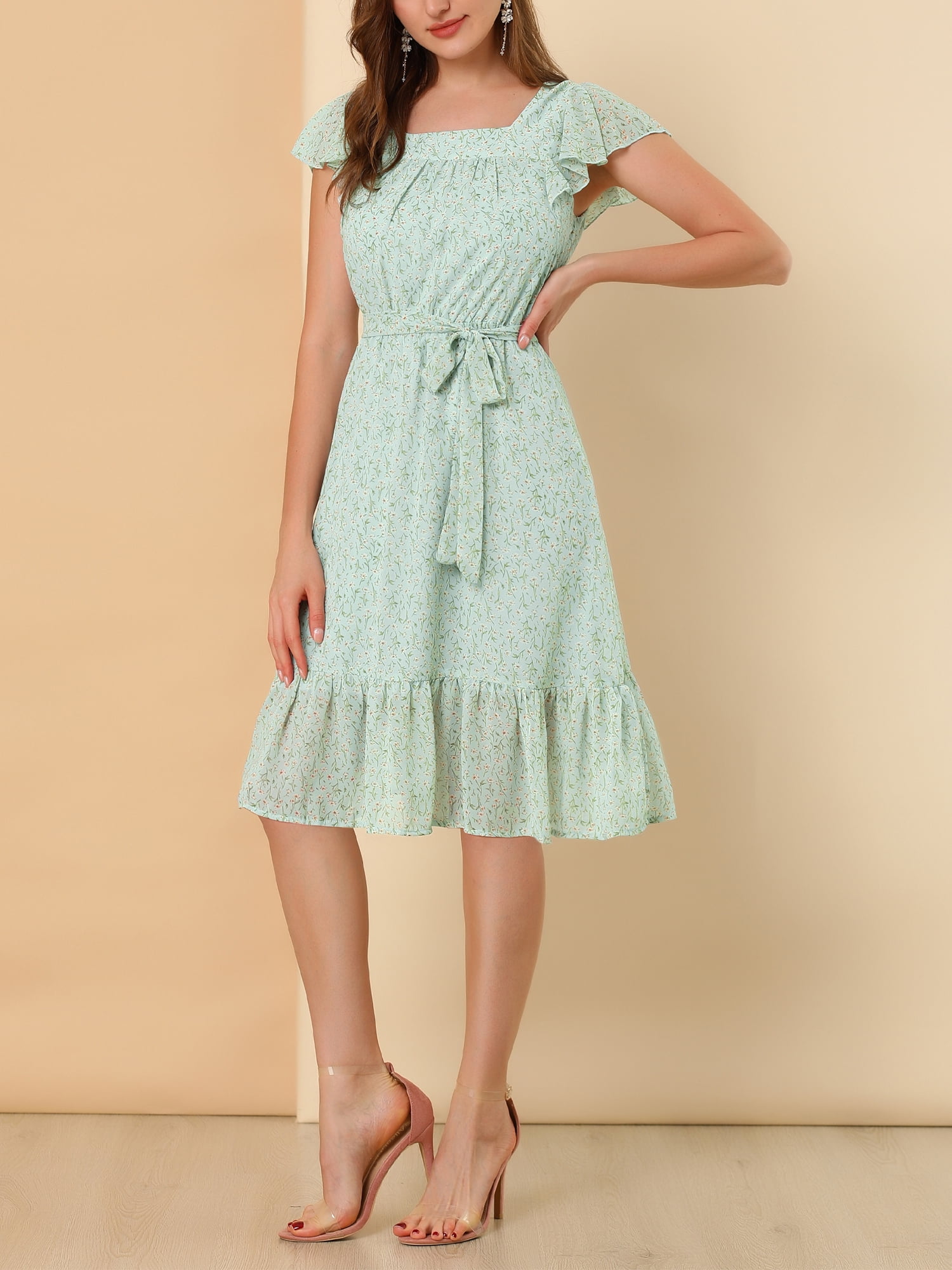 DARING DIVA Square Neck Flutter Sleeve A-Line Midi Dress XL Light Blue