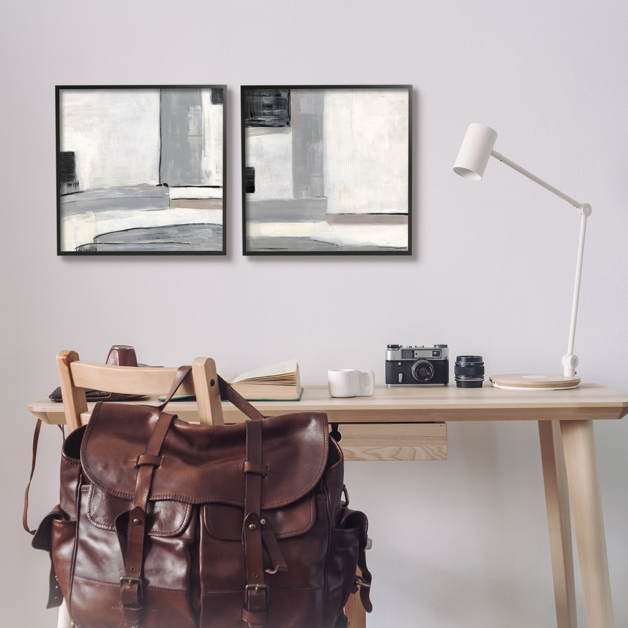 Stupell Industrial Abstract Grey Geometric Abstract Painting Black Framed Art Print Wall Art, Set of 2