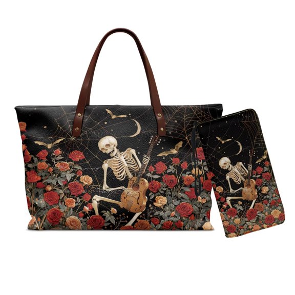 ZUXONGSYRoses Skull Bat Print Top Handle Bag and Wristlet Wallet Set for Women Large Capacity Top Handle Satchel Pu Leather Purse Set for Excursions Business