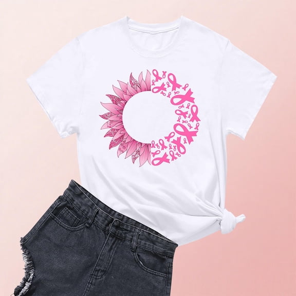 Nfurl Breast Cancer T Shirts for Women Loose Short Sleeve Pink Ribbon Graphic Tee Shirts Breast Cancer Awareness Clothes Gifts for Survivor White,XL