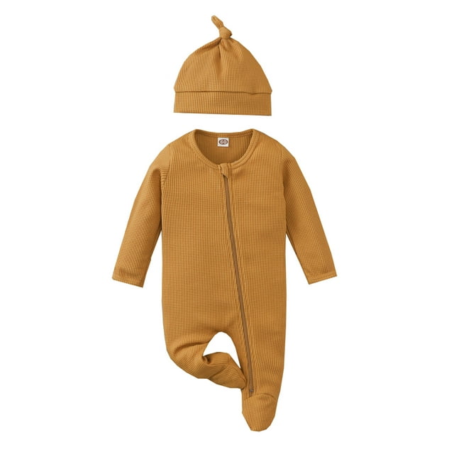 goowrom Babies Two-piece Clothes Set, Solid Color Round Collar Long Sleeve Footie and Cap, 0-24 Months