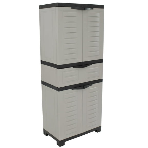 Sunnydaze Adjustable 57" Plastic 2-Shelf 1-Drawer Freestanding Storage Cabinet, Gray