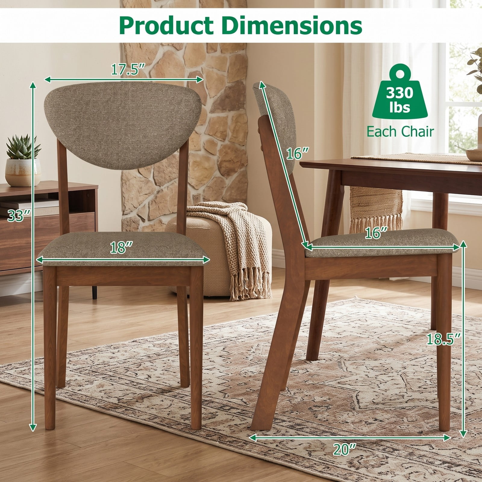 Furnibear Wooden Dining Chairs Set of 4, Upholstered Kitchen Side Chairs with Padded Linen Seat and Angled Backrest, Solid Rubber Wood Legs, 330 lbs Capacity, Brown