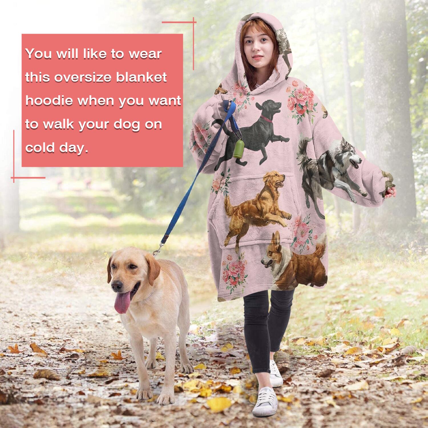 Wearable Oversized Blanket,Dogs with Pioneer Flower Wearable Blanket Hoodie for Adults,Cozy Hooded Blankets with Super Pockets,Super Warm Fuzzy Pullover for Women & Men