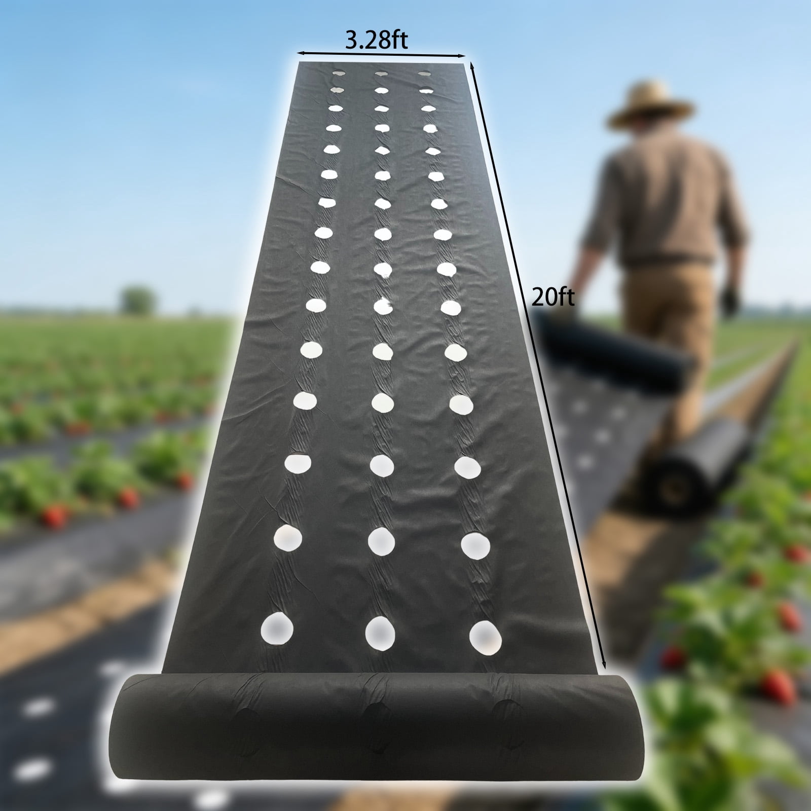 Strawberry planting perforated weed barrier fabric kit, water-permeable and breathable — this landscape fabric is used for preventing weeds in vegetable and fruit planting.