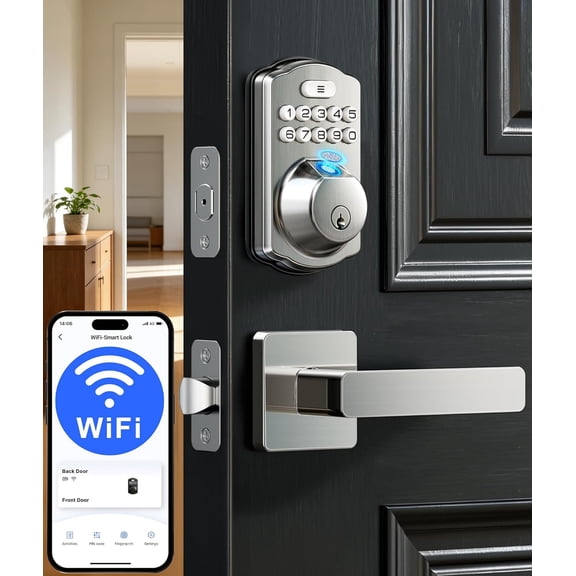 Veise VE012W-L WiFi Fingerprint Deadbolt Lock with Handle Set, Satin Nickel Built-in WiFi, APP Remote & Voice Control, Real-time Alert, Smart Keyless Entry for Front Door, Back-Lit Keypad, Auto Lock