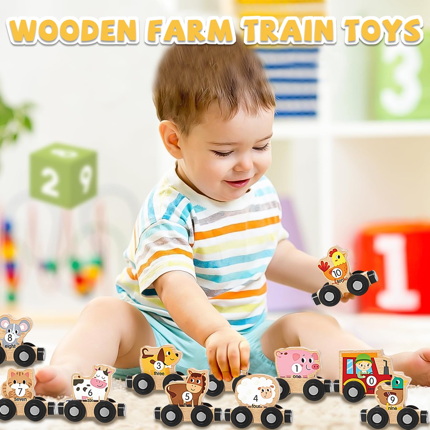 Sytle-Carry Learning Toys for Toddlers 1-3, 11-Piece Magnetic Wooden Animals Train Set, Montessori Toy