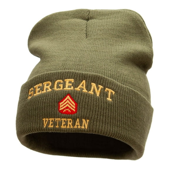 Sergeant Veteran Embroidered Long Knitted Beanie - Olive OSFM