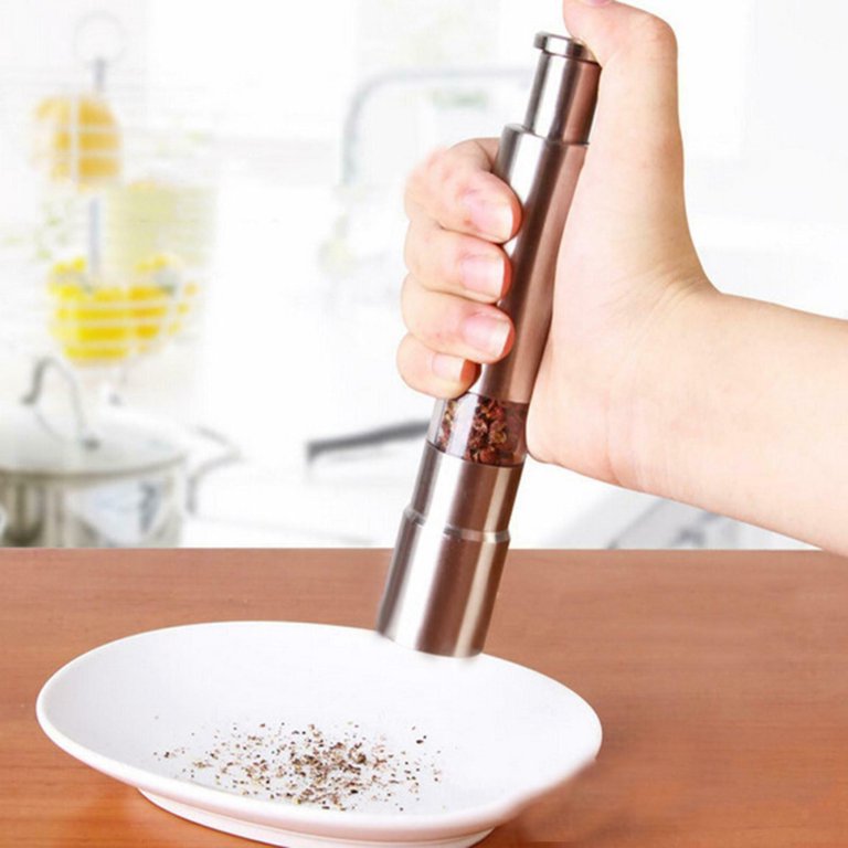 Stainless Steel Refillable Spice Grinder Mill for Salt, Pepper, and Seasoning - Thumb Operated Push Button for One Hand Grinding, Silver