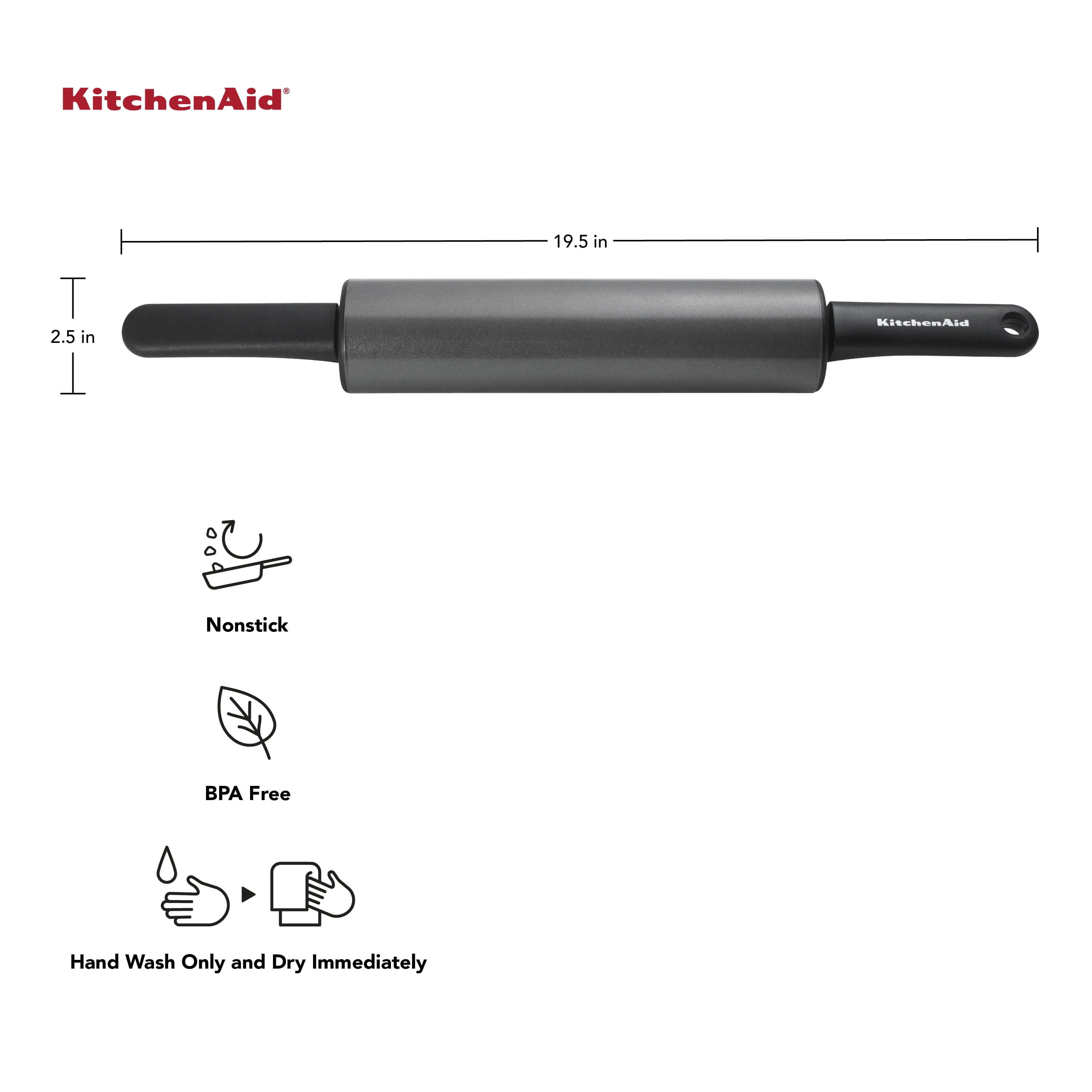 KitchenAid Durable Nonstick Metal Classic Handled Rolling Pin Gray