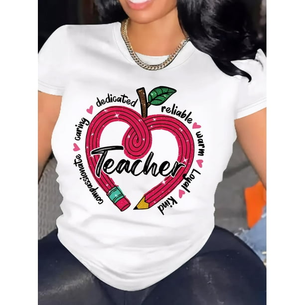 Chic Letter Print T-Shirt for Women - Casual Crew Neck, Short Sleeve Top, Perfect for Spring & Summer Tee For Adult, Men, Women, Teen, Teenager, Adolescent, Youth