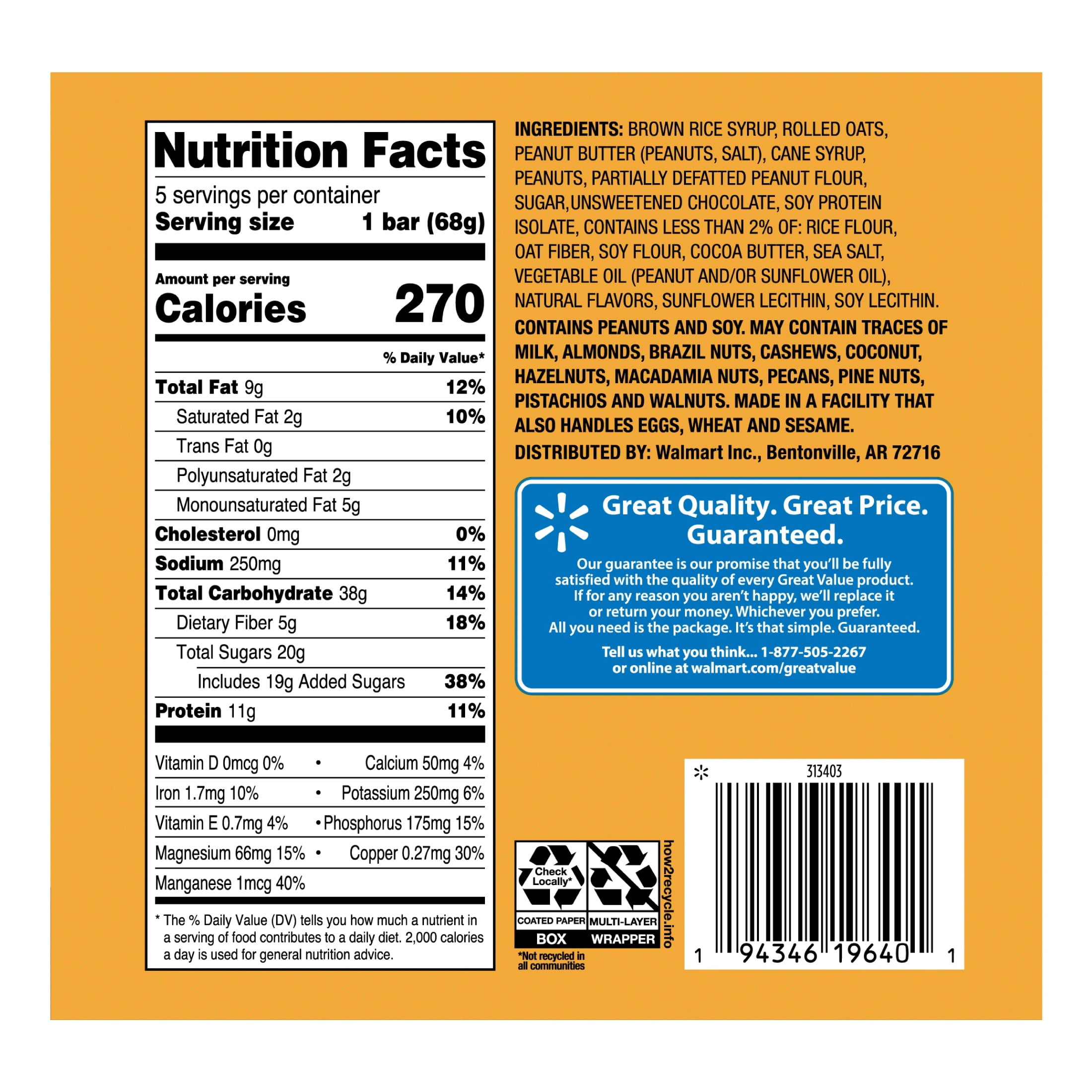 Great Value Energy Bar, Chocolate Peanut Butter, 2.4 oz, 5 Count