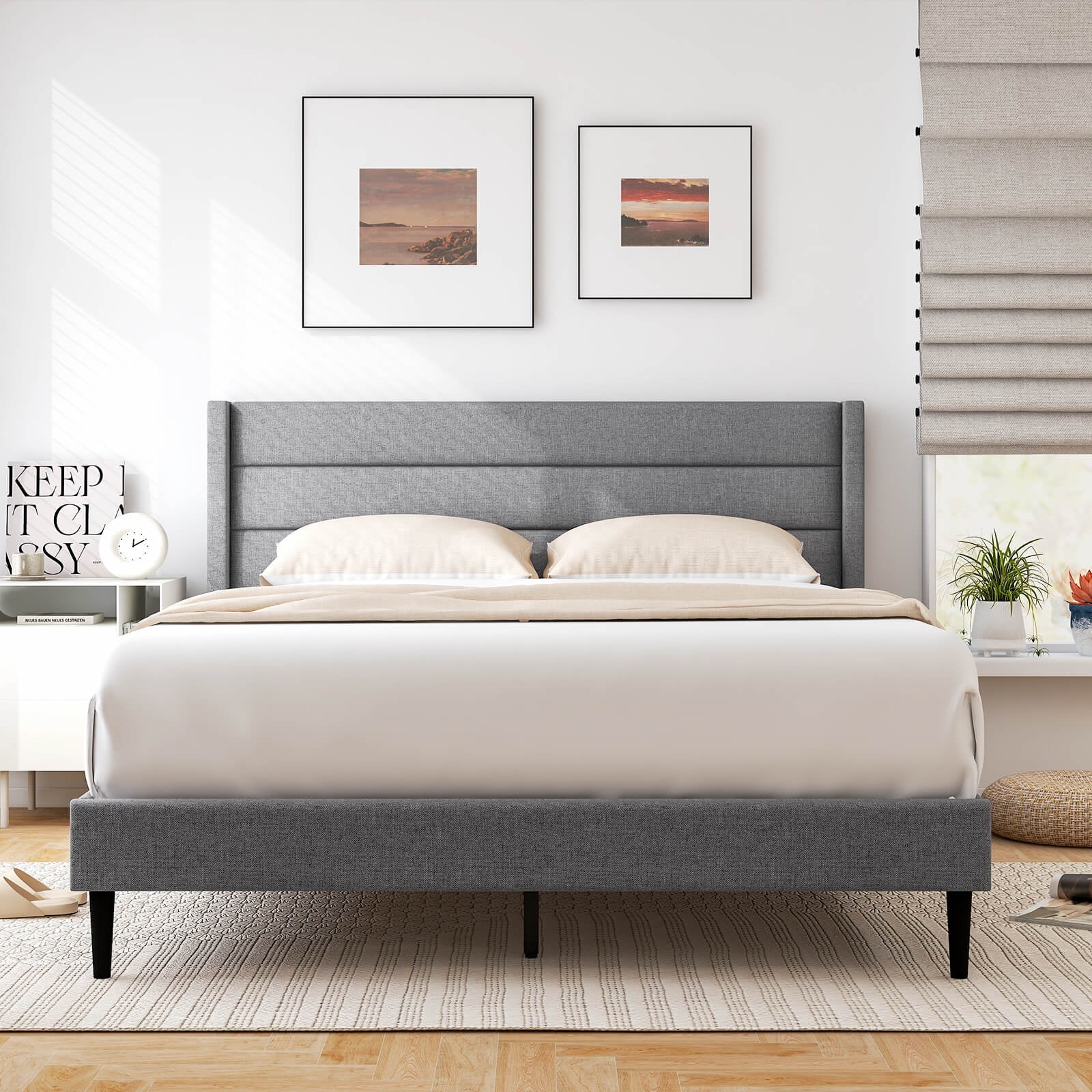Infans Queen Bed Frame with Wingback Headboard Linen Upholstered Platform Bed Grey