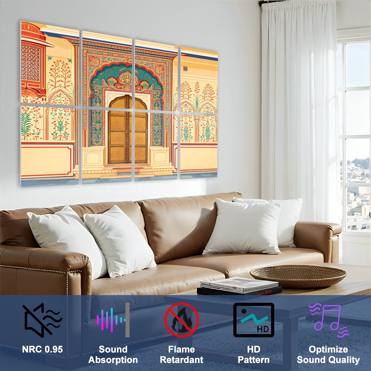 8 Pack Art Acoustic Panels Sound Absorbing Lotus Gate Chowk City Jaipur Decorative Soundproof Wall Panels Self Adhesive for Nursery Game Room Bedroom 48"x32"