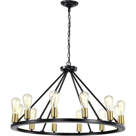 

MICSIU Black 12 Light Chandelier Large 32 Inch Wagon Wheel Pendant Light with Gold Cup Farmhouse Hanging Light for Dining Room Bedroom Kitchen Study Room Game Room