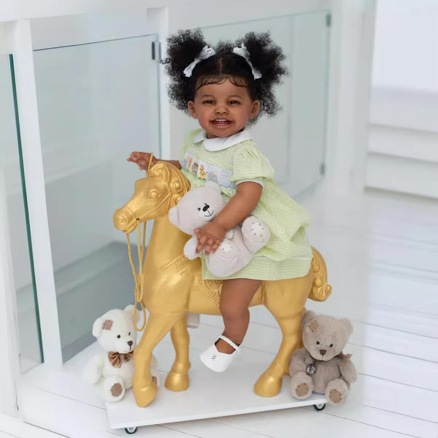 24Inch  Lifelike Reborn Baby Dolls Girl Sweet Smiling Rooted Curly Hair That Look Real , Realistic Newborn Baby Doll Toddler Collectible Art Doll in Dark Brown Skin