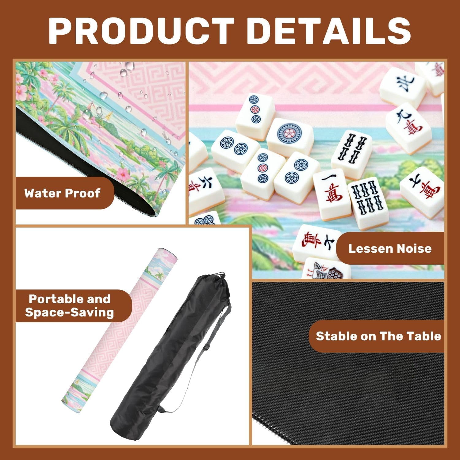 Mahjong Mat with Carrying Bag 31.5" x 31.5" Non-Slip Noise Reduction Tropical Palm Beach Frame Hibiscus Flowers Pastel Coastal Table Mat for Mahjong Poker Dominoes Card Board Tile Games