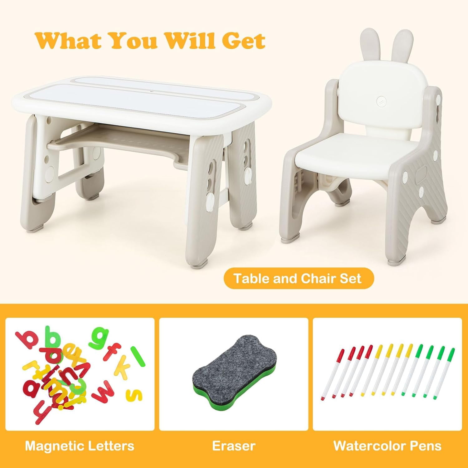 OLAKIDS  Kids Table and Chair Set, Activity Table with Magnetic Drawing Board 4 Gears Adjustable Height Bookshelf Watercolor Pens, Toddler Plastic Furniture Table for Playing Reading Eating