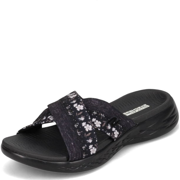 Chanclas Skechers On The Go 600 Blooms para mujer, color negro y gris