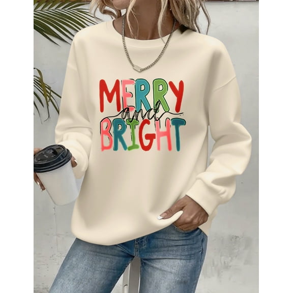 Merry Christmas Sweatshirt Merry and Bright Print Long Sleeve Shirt for Women