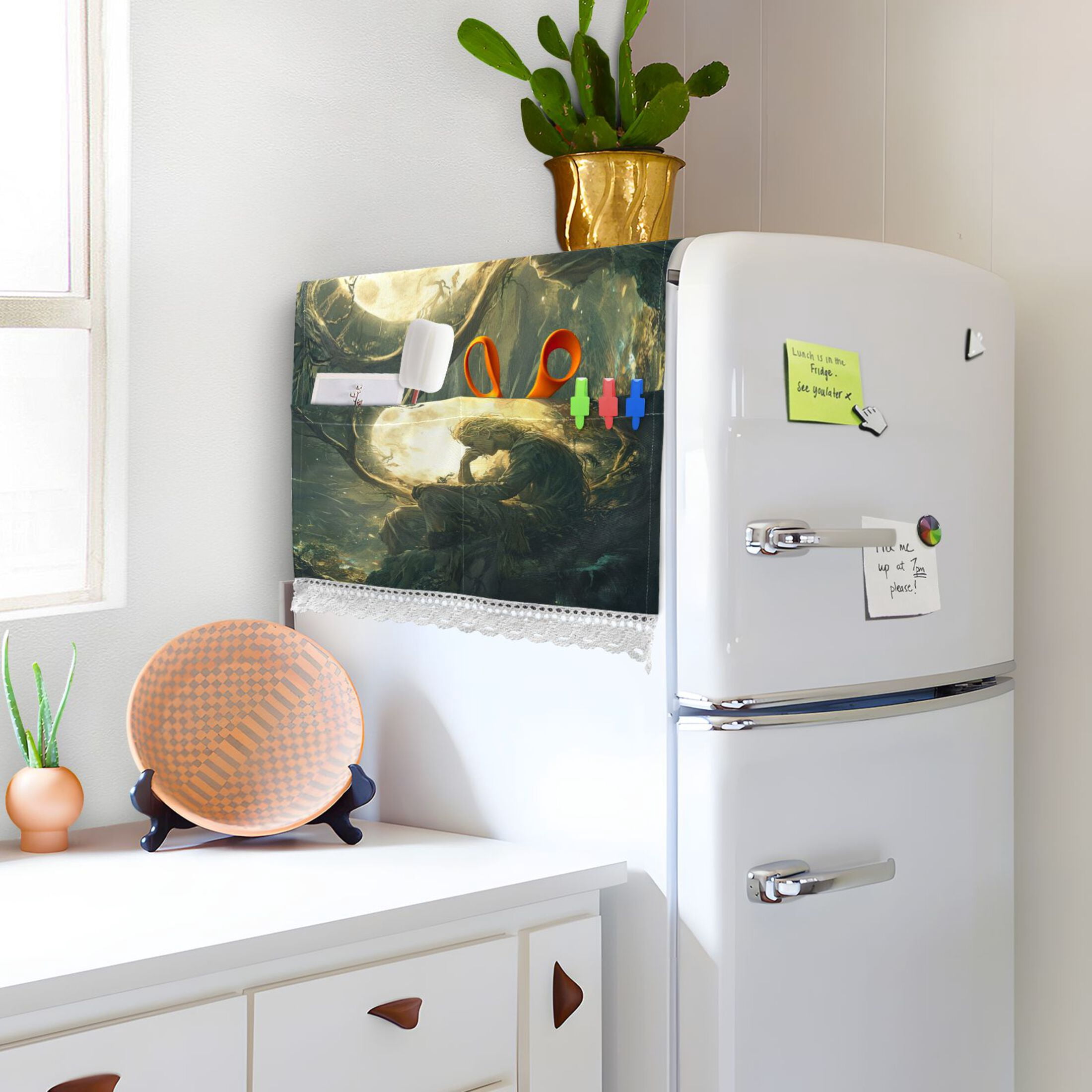Reflections under The MoonWasher and Dryer Covers Dust-Proof and Oil Resistant Fridge Cover with 4 Storage Pockets Washing Machine Top Cover for Laundry Kitchen Home 51.2 x 22 In