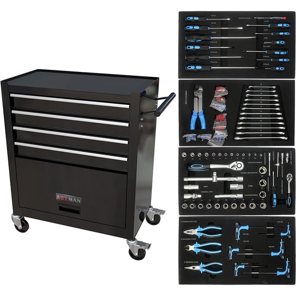 Imerelez Tool Chest with Wheels: 4-Drawer Tool Cabinet with Tool Sets Toolbox - Black
