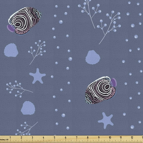 Nautical Blue Fabric by the Yard, Underwater with Abstract Fish Bubble Shells and Starfish, Decorative Upholstery Fabric for Chairs & Home Accents, 5 Yards, Violet Blue Brown by Ambesonne