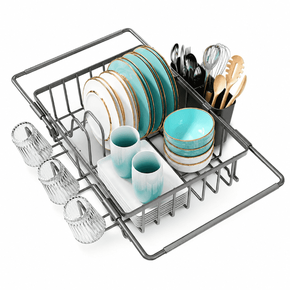 Dish Drying Rack in Sink Expandable Stainless Steel Over the Sink Kitchen Drainer Strainer with Cutlery Holder Cup Holder Grey