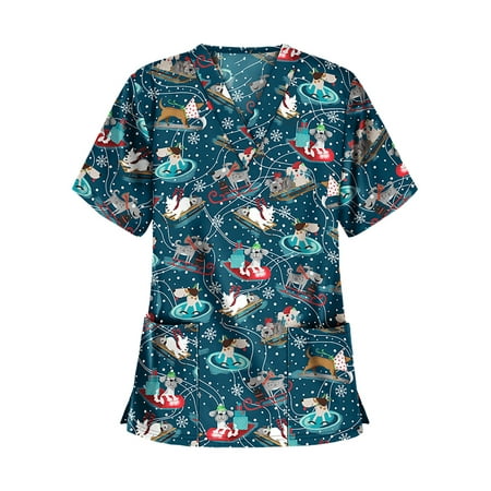 

Frontwalk Christmas Scrub Tops Women Working Nursing T-Shirt Print Short Sleeve V-Neck Tops with Pockets